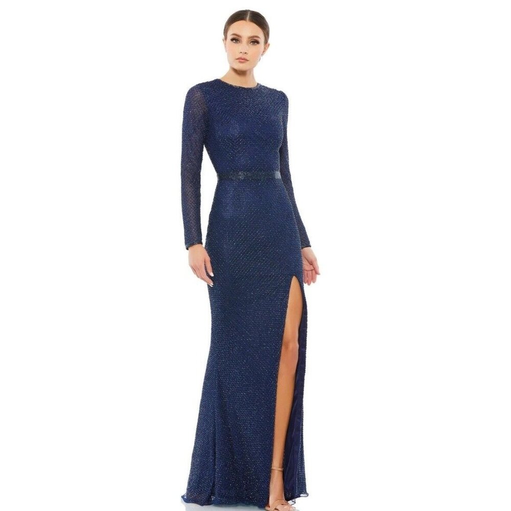Mac Duggal Navy Beaded Long Sleeve Maxi Gown with High Slit